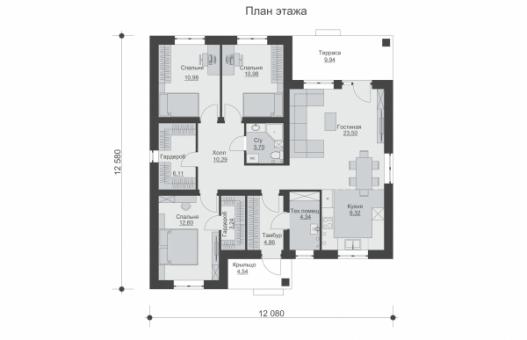 Одноэтажный дом с тремя спальнями, двумя гардеробами и террасой